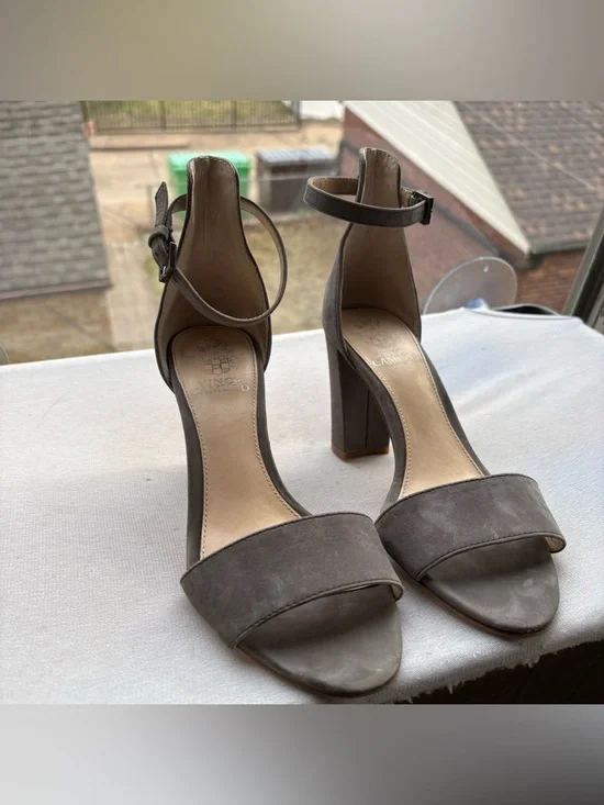 Vince Camuto Taupe Suede Ankle-Strap Block Heels - Picture 1 of 7